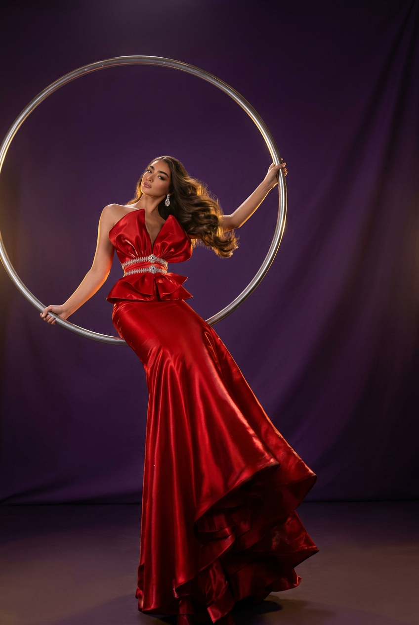 Crimson Satin Peplum Halter Gown