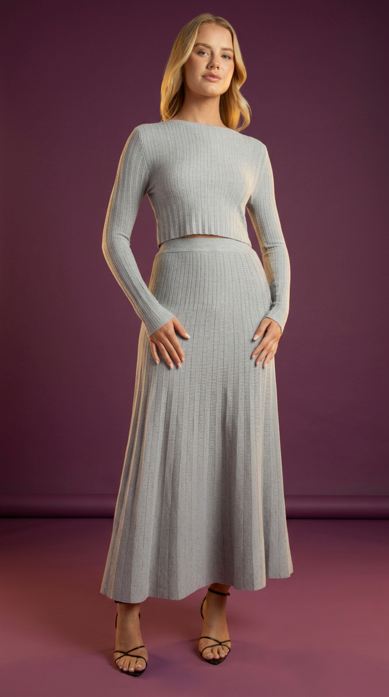 Boat Neckline Pleated A Line Maxi Skirt Knit Set