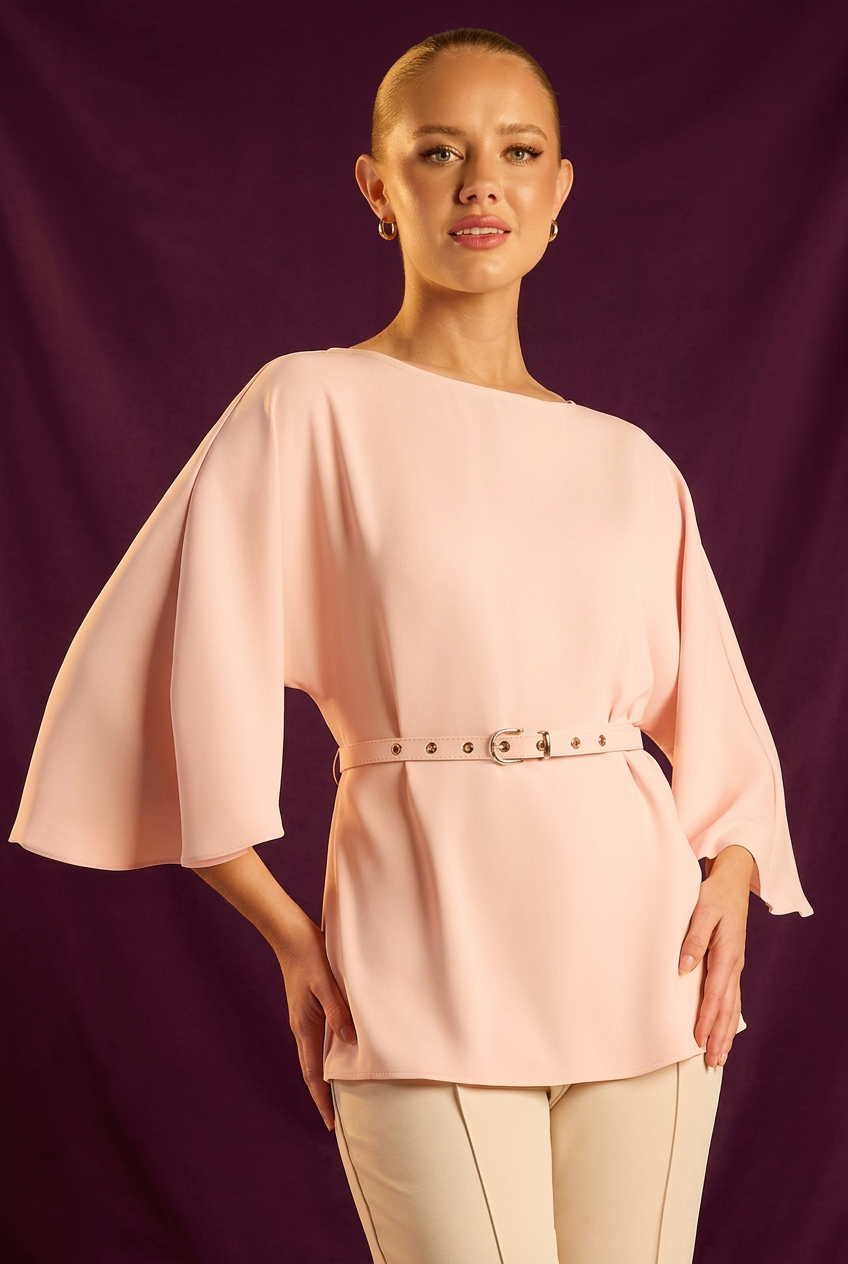Cape Sleeve Boat Neckline Top with Belt Feature