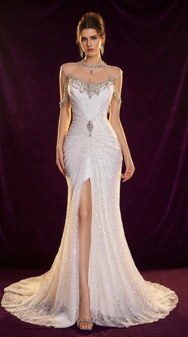 Crystal Illusion Draped Sequin Gown