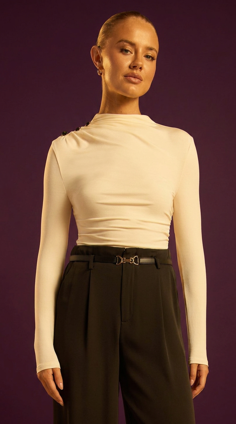 Mock Neckline Gold Button Detail Jersey Top