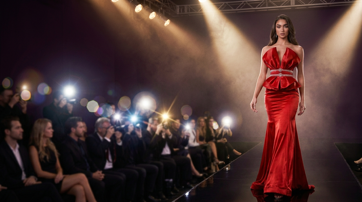 Model in a Legacy International Couture red satin gown walking the New York Fashion Week runway under gold spotlights